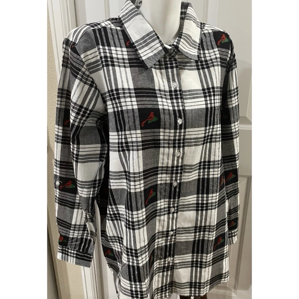 Collections Etc Button Up Plaid Shirt Women's XXL Red Embroidered Birds Holidays - Picture 2 of 7